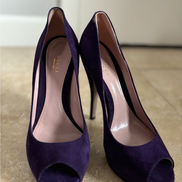 Gucci Plum Suede Leather Peep Toe Platform Heels - Picture 5 of 7